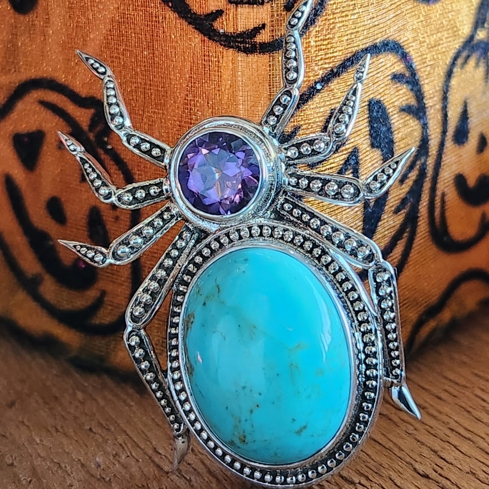 NICKY BUTLER 925 Sterling Silver Turquoise Amethyst Spider Brooch Pendant NB π· - Picture 12 of 13